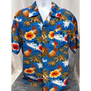 Roundy Bay Mens Blue Tropical Pineapple Hibiscus Hawaiian Button Down Shirt L